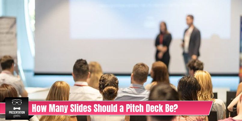 blurred image of two people presenting with the text 'How many slides should a pitch deck be' below it.