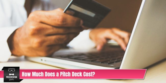 Man holding a credit card with the text 'How much does a pitch deck cost' below it.