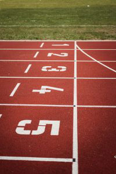 The start line on an outdoor running track